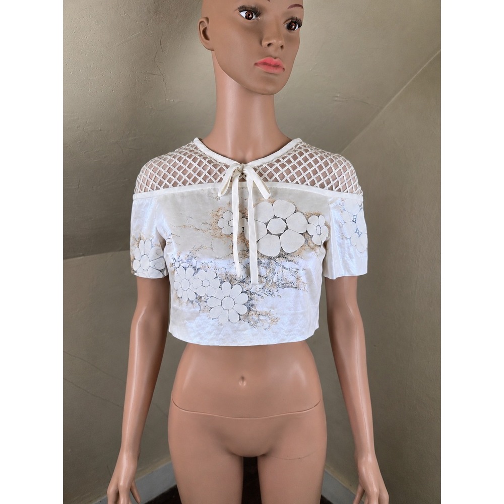 HONOR Designer Floral Crop Top Size 0 Silk Lined Mesh Yoke Bow Ivory